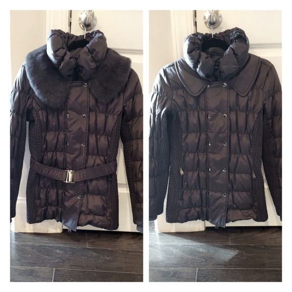 Rabbit fur collar waterfowl feather puffer- removable collar/belt by Via Spiga - Picture 4 of 16